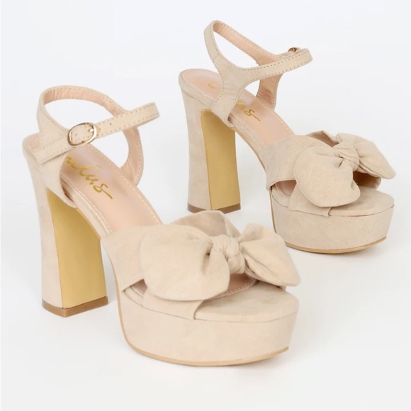 [lulus] Lyeluh Light Nude Suede Bow Platform Heels - Picture 3 of 3